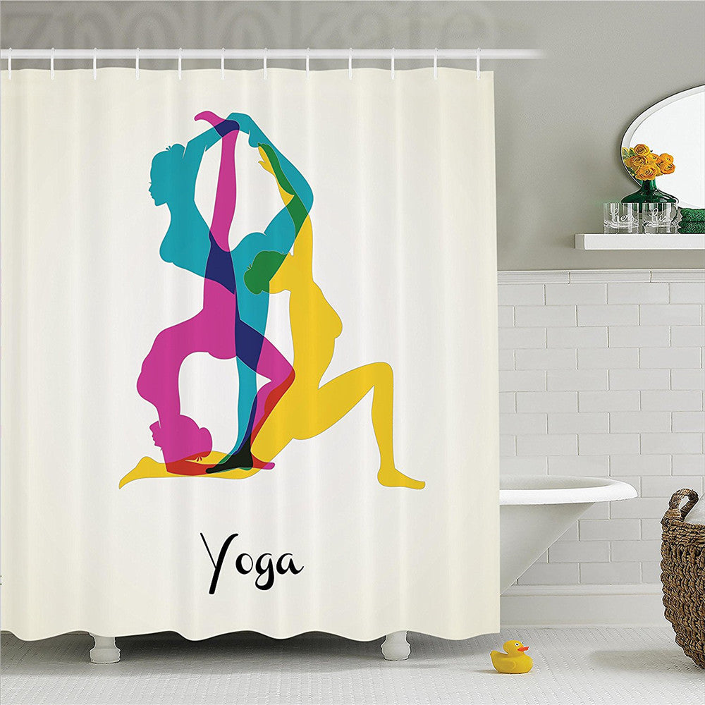 Yoga Decor Shower Curtain Set Different Yoga Poses Energetic Female in Motion Pilates Human Health Wellbeing Design Bathroom Acc