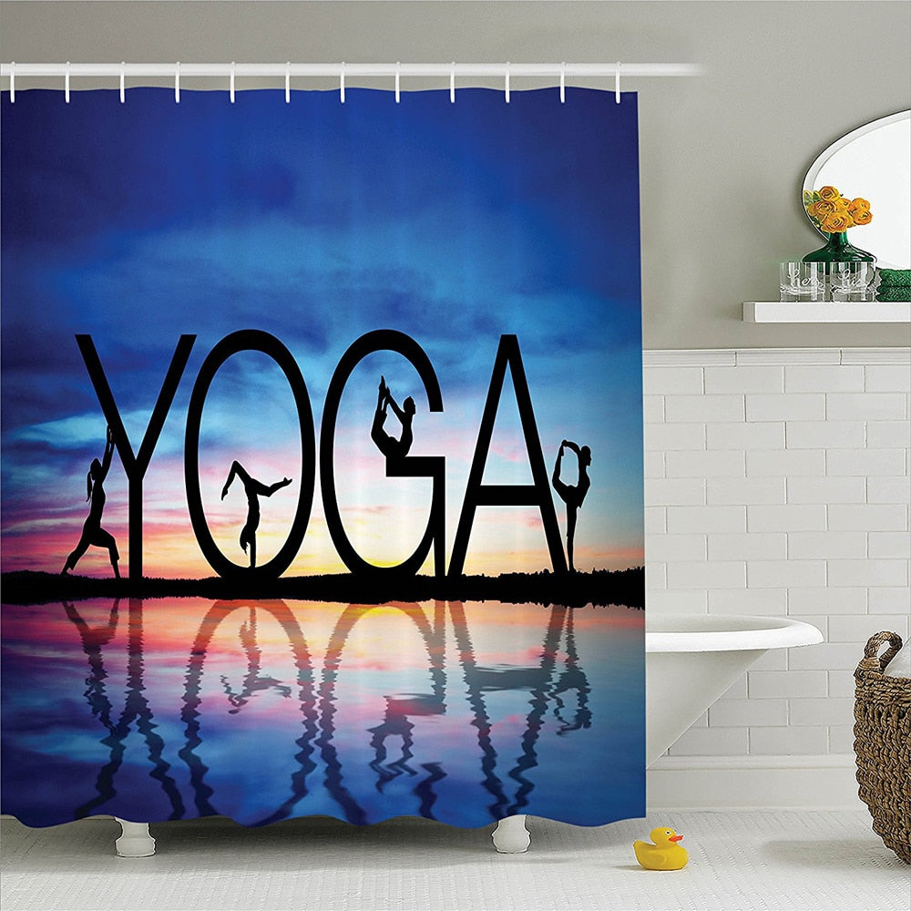 Yoga Sunset with Yoga Sign Women Working Out Reflection on Water Wellbeing Wave Coast Picture Polyester Bathroom Shower Curtain