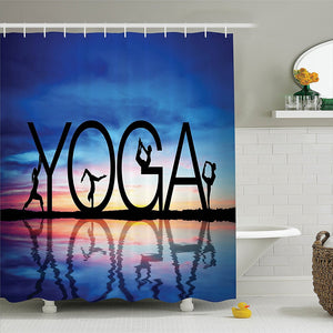 Yoga Sunset with Yoga Sign Women Working Out Reflection on Water Wellbeing Wave Coast Picture Polyester Bathroom Shower Curtain