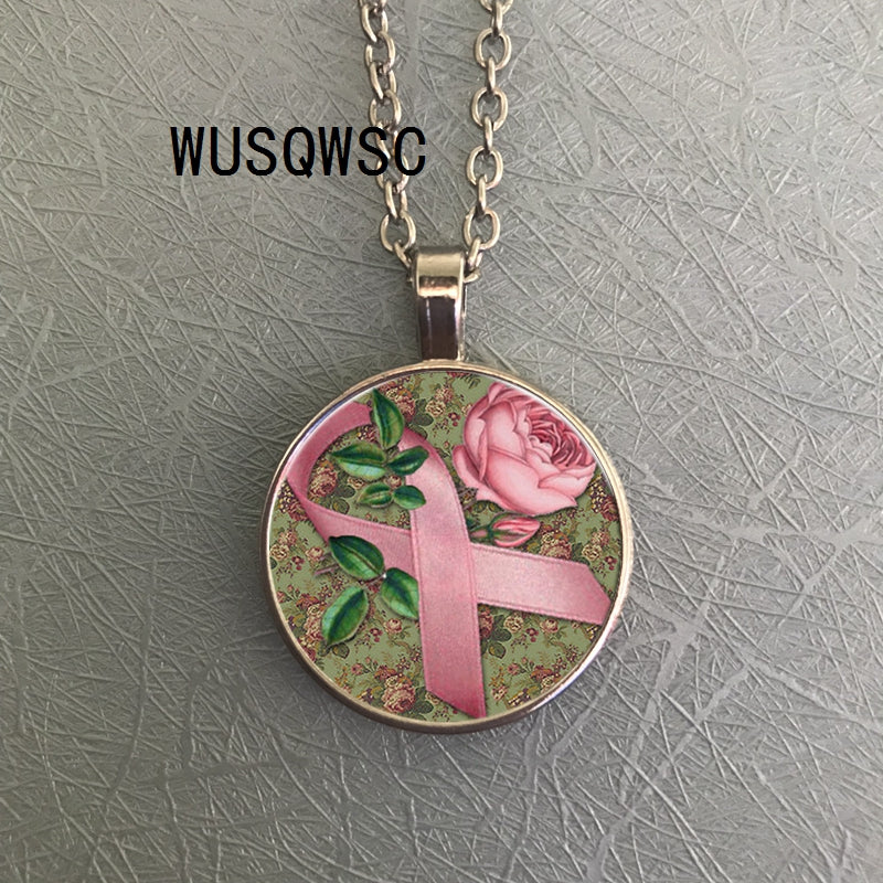 WUSQWSC European Style Pastoral Rose Ribbon Breast Cancer Awareness Necklace Wellbeing Glass Cabochon Necklace Choker