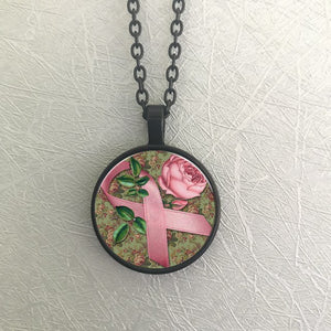 WUSQWSC European Style Pastoral Rose Ribbon Breast Cancer Awareness Necklace Wellbeing Glass Cabochon Necklace Choker